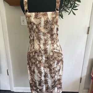 Cache Brown and White Sheath Midi Dress Sleeveless Square Neck